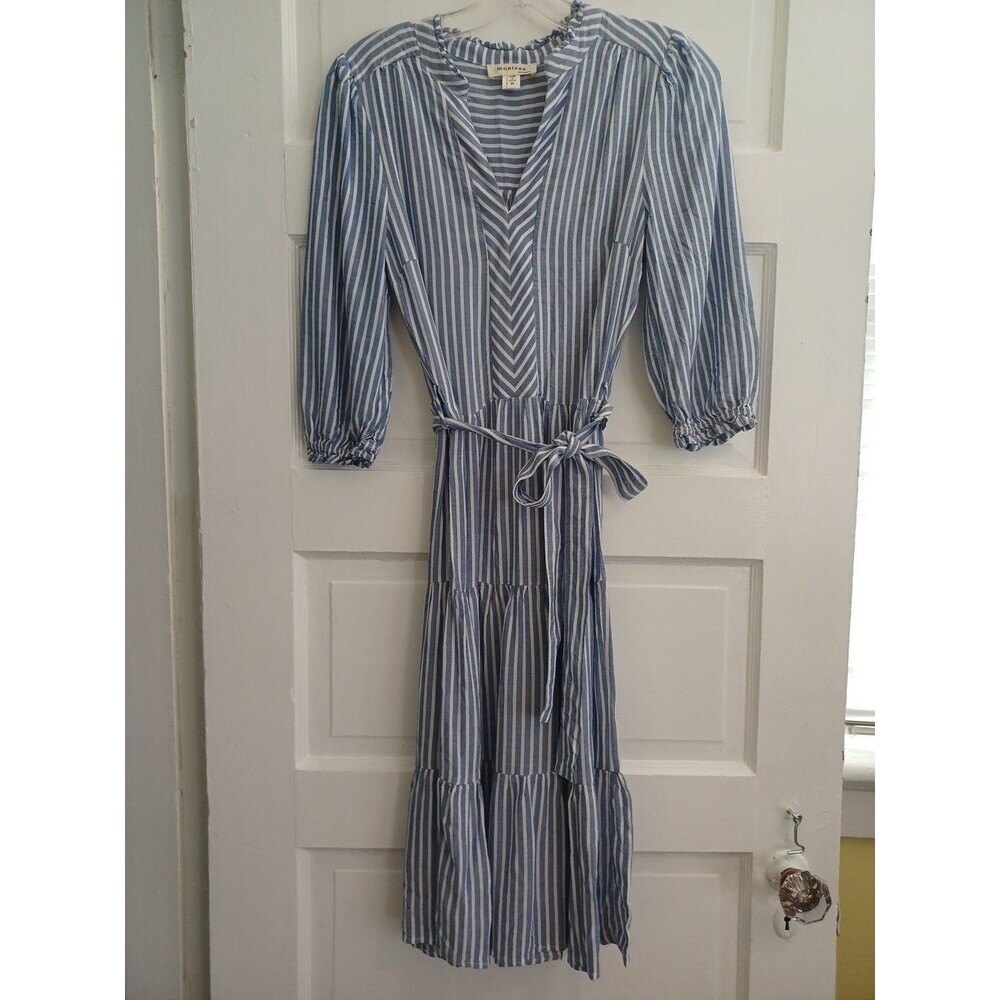 Monteau blue white striped dress XS tiered sleeves nautical classic preppy
